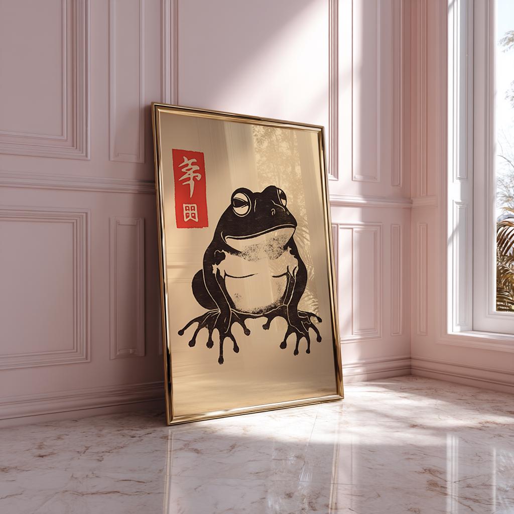 日本のカエルのアートプリント：禅の侘び寂び墨絵イラスト - Etsy 日本