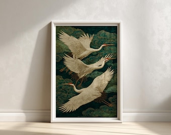 Japanese Crane Art Print: Oriental Bird Painting, Asian Decor