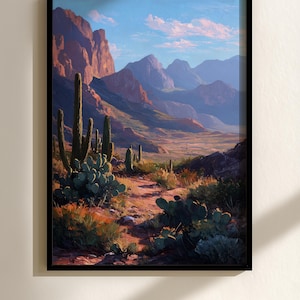 Desert Sunset Art Print: Southwestern Landscape, Cactus & Mountains