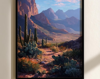 Desert Sunset Art Print: Southwestern Landscape, Cactus & Mountains