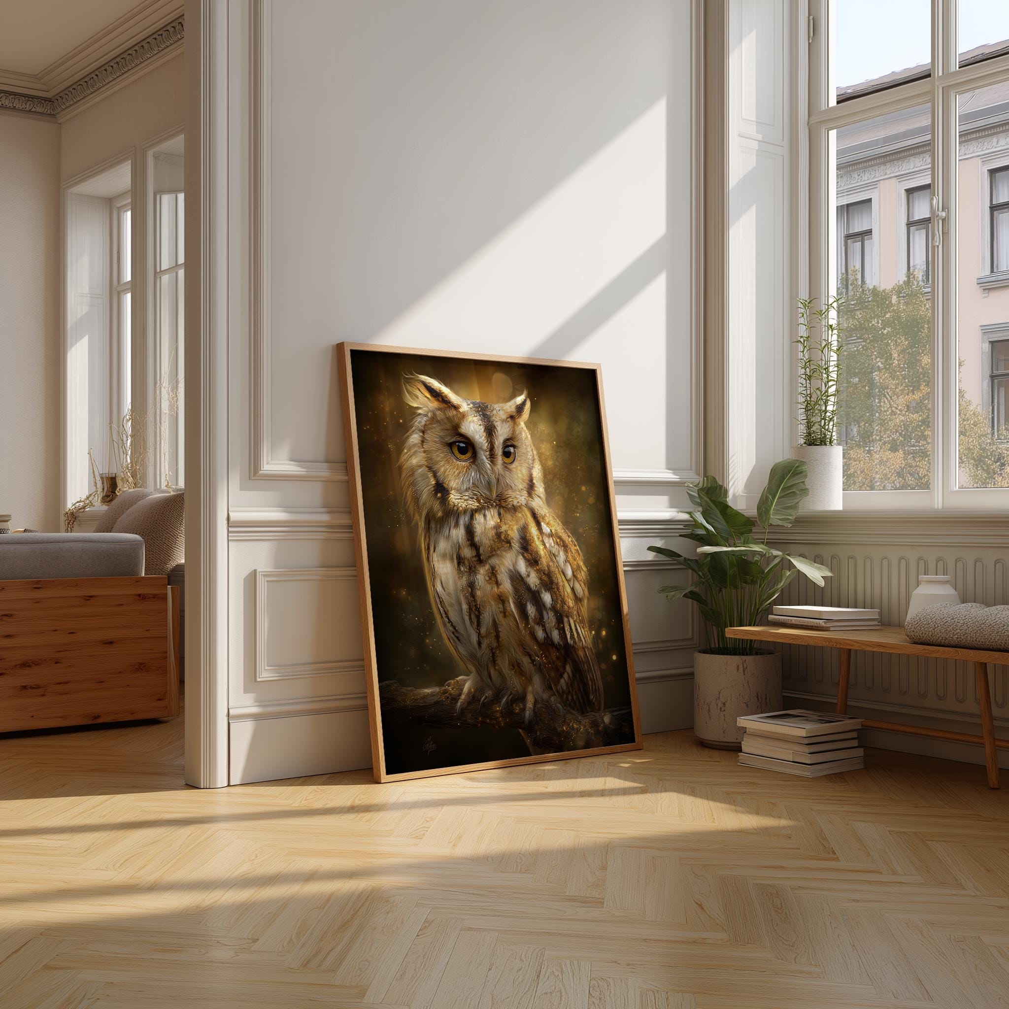 Golden Owl Print, Mystical Wildlife Illustration, Elegant Nature Wall Art