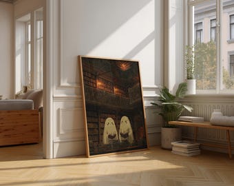 Ghosts Reading in Haunted Library Art Print, Halloween Gothic Poster