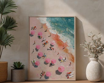 ピンクの傘のビーチプリント：海岸の夏のウォールアート
