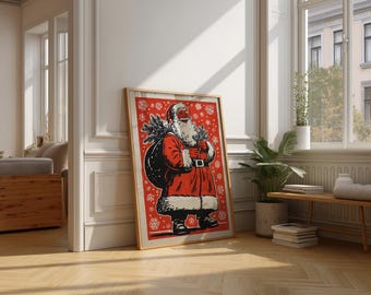 Vintage kerstmanprint, retro kerstmuurkunst