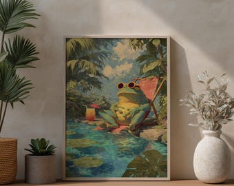 Whimsical Frog Art Print: Relaxing Tropical Pond Scene