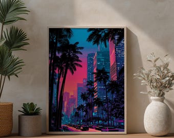 Neon Cyberpunk City Print: Retro Vaporwave Palm Tree Art