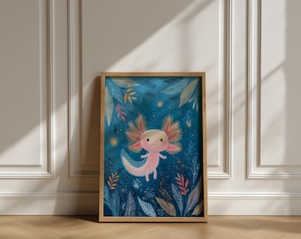 Cute Axolotl Art Print, Whimsical Underwater Poster, Blue Wall Decor, Fantasy Animal Illustration, Kids Room Artwork Gift