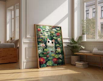 Cat in Lily Pond Art Print, Whimsical Watercolor Illustration