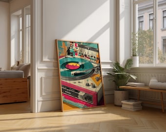 Impresión artística de tocadiscos retro, decoración de sala de música vintage