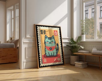 Lucky Cat Stamp Art Print, Japanese Maneki Neko, Vintage Asian Decor