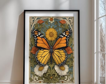 Monarchfalter Botanischer Druck: Vintage Blumen Illustration, Dunkle Universität