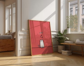 Cute Love Cat Illustration Print, Minimalist Kitty Wall Art, Romantic Cute Cat Decor, Kawaii Cat Poster for Bedroom, Valentine Gift Art