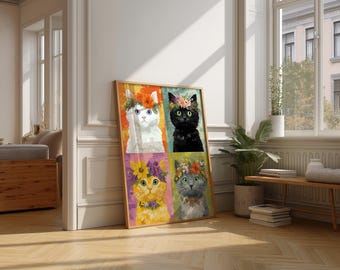 May include: A framed art print featuring four colorful cat portraits, each adorned with a floral crown. The cats are white, black, yellow, and gray, set against vibrant background panels. The artwork is displayed in a well-lit room with hardwood floors.
