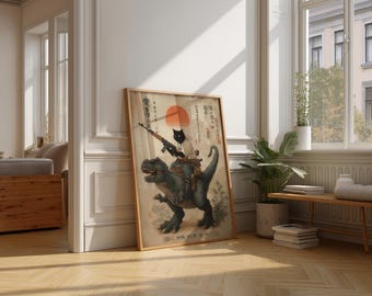 Samurai Cat Ukiyo-e Art Print, Japanese Dinosaur Poster, Vintage Decor