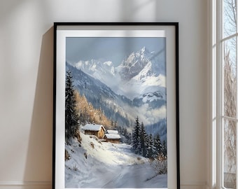 Puede incluir: Impresión artística enmarcada de un paisaje invernal con montañas y cabañas cubiertas de nieve. La obra de arte representa una escena serena con árboles nevados y un camino sinuoso. La impresión está encerrada en un marco negro.
