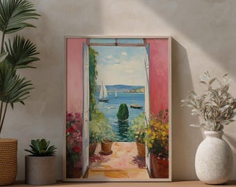Sailboat Ocean View Print: Coastal Mediterranean Wall Art