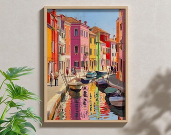 Burano Italy Print: Colorful Venice Canal Art, Mediterranean Decor