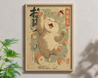 Vintage Japanse kattensushi-kunstprint: speelse muurdecoratie keuken