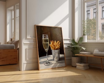 Champagne and Fries Oil Painting Style Print, Kitchen Bar Art