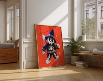 Retro Skeleton Witch Halloween Poster, Spooky Kawaii Print