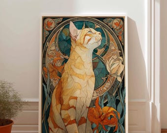 Art Nouveau Cat Poster: Elegant Orange Tabby, Vintage Floral Print
