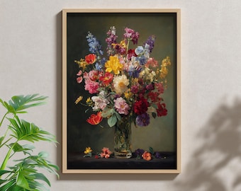 Vintage Floral Still Life Print: Colorful Botanical Home Decor