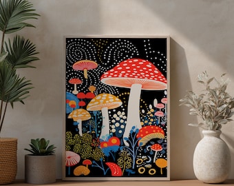 Psychedelische paddenstoelkunstprint: bohobotanisch muurdecor
