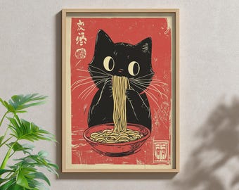 Black Cat Ramen Print: Japanese Noodle Art, Kawaii Kitchen Decor