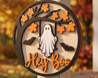 Hey Boo Door Hanger SVG, Halloween Sign Laser Cut File, Boo Ghost Glowforge Layered SVG for Autumn & Halloween Decor