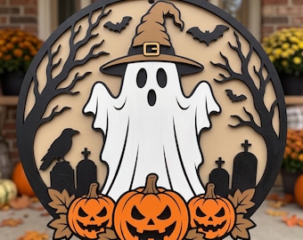 Halloween SVG Ghost Pumpkin Sign Layered Laser Cut File for Glowforge, CNC & xTool | Round Door Hanger Halloween Decor Design - Download