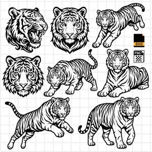 Könnte beinhalten: Eine Sammlung von Schwarz-Weiß-Tiger-Illustrationen in verschiedenen Posen. Enthält detaillierte Kopfporträts, einen brüllenden Tiger und Tiger in Bewegung. Geeignet für Grafikdesign-Projekte, verfügbar in SVG- und PNG-Formaten.