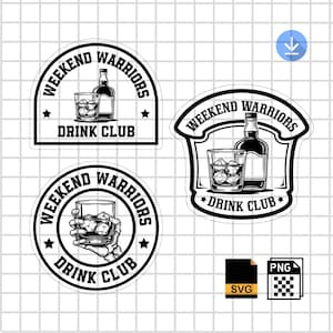 May include: Black and white stickers with the text "WEEKEND WARRIORS DRINK CLUB". The stickers feature illustrations of a whiskey bottle and a glass of whiskey with ice. One sticker shows a hand holding a glass of whiskey.