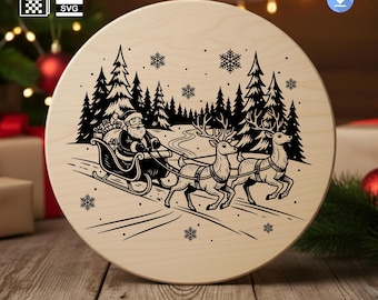 Christmas Cutting Board Laser Engraving File, Santa Sleigh Reindeer Scene SVG PNG, Charcuterie Board Design, Holiday Kitchen Decor, 300 DPI