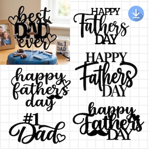 May include: Black cake toppers with text for Father's Day. The toppers include phrases like "Best Dad Ever," "Happy Father's Day," and "#1 Dad." Some designs feature hearts and mustache accents. The toppers are ideal for decorating cakes.