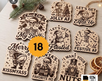 18 Christmas Ornament SVG Bundle, Funny Skeleton Adult Humor Quote Laser Cut File, Mature Xmas Decor Designs for Glowforge, xTool Engraving