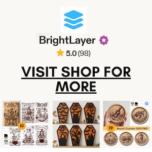 May include: A digital collection of laser-cut design files featuring Halloween-themed kitchen art with skeletons and ghosts, coffin-shaped wall decor with bats and spiders, and circular beach-themed coaster designs with sea turtles and shells.