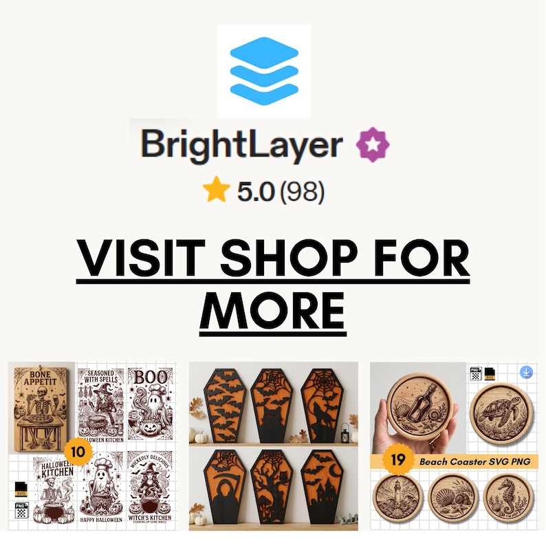 May include: A digital collection of laser-cut design files featuring Halloween-themed kitchen art with skeletons and ghosts, coffin-shaped wall decor with bats and spiders, and circular beach-themed coaster designs with sea turtles and shells.