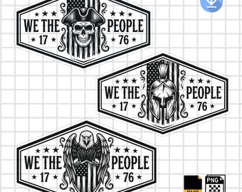 We The People SVG, Patriotic Hat Patch Laser Engraving Bundle, USA Flag Skull Eagle Spartan Helmet 1776 Vector Cut File, Leather Patch PNG