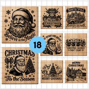 May include: A collection of eight square wooden blocks featuring black engraved Christmas designs, including Santa Claus, a cow, a truck, geese, and festive text like Believe in the Magic, Merry Christmas, and Christmas Calories Don't Count.