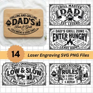 Peut inclure: Un ensemble de 14 fichiers SVG et PNG pour gravure laser présentant des motifs graphiques noirs sur le thème du barbecue. Les designs incluent des textes comme Grill Master, Dad's Grill Zone et Dad's Kitchen Rules, avec des illustrations de grillades.