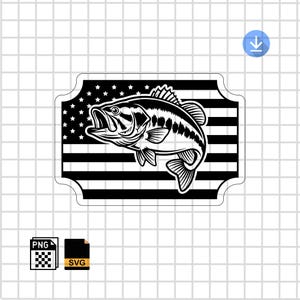 May include: Black and white graphic of a largemouth bass fish with an open mouth, set against a stylized American flag background. The design is in a rectangular shape with a decorative border, suitable for fishing enthusiasts.