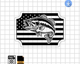 Patriotic Bass Fishing SVG PNG | Largemouth Bass USA Flag | Laser Engraving File | Leather Hat Patch Vector Cut Design | Fisherman Patriot