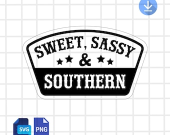May include: A black and white sticker with the text "SWEET, SASSY & SOUTHERN" in a bold, stylized font. The design includes three stars and an ampersand. The sticker has a white border and a download icon.