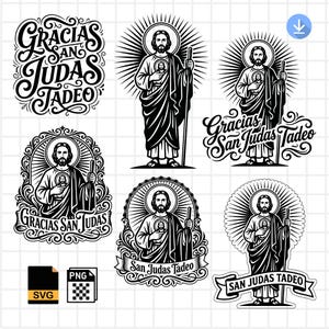 May include: Black and white graphic designs featuring San Judas Tadeo. The designs include images of San Judas Tadeo with a halo, staff, and text that says "Gracias San Judas Tadeo" and "San Judas Tadeo". Formats include SVG and PNG.