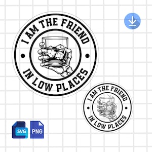 Peut inclure: Autocollant noir et blanc représentant une main squelettique tenant un verre de whisky avec des glaçons. Le texte "I AM THE FRIEND IN LOW PLACES" est disposé en cercle. Inclut les icônes de fichiers SVG et PNG.