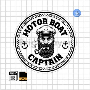May include: A black and white graphic of a motor boat captain. The design features a bearded man in a captain's hat smoking a pipe, surrounded by a rope border and anchors. The words "MOTOR BOAT CAPTAIN" are in a circular arrangement.