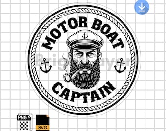 May include: Black and white graphic of a motor boat captain. The design features a bearded man in a captain's hat smoking a pipe, surrounded by a rope border and the words "MOTOR BOAT CAPTAIN". Anchors are on the sides.