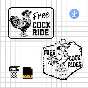 May include: Black and white graphic of a rooster wearing a cowboy hat and boots. The text "Free Cock Ride" is displayed in bold letters. The image is a sticker or a design element.