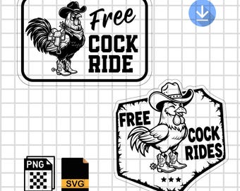 Free Cock Rides SVG PNG | Funny Cowboy Rooster Design | Adult Humor Laser Engraving File | Leather Hat Patch Vector Cut File