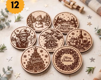Christmas Coasters SVG Bundle, Vintage Holiday Xmas Coaster Laser Engraving Files, Engraved Wood Coaster Design for Glowforge, xTool SVG PNG